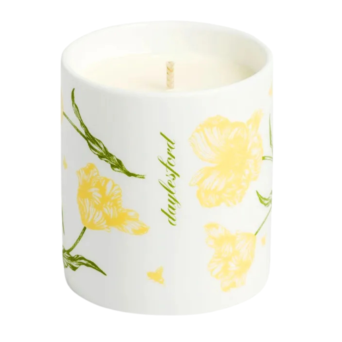 white daylesford candle with yellow and green floral illustrations