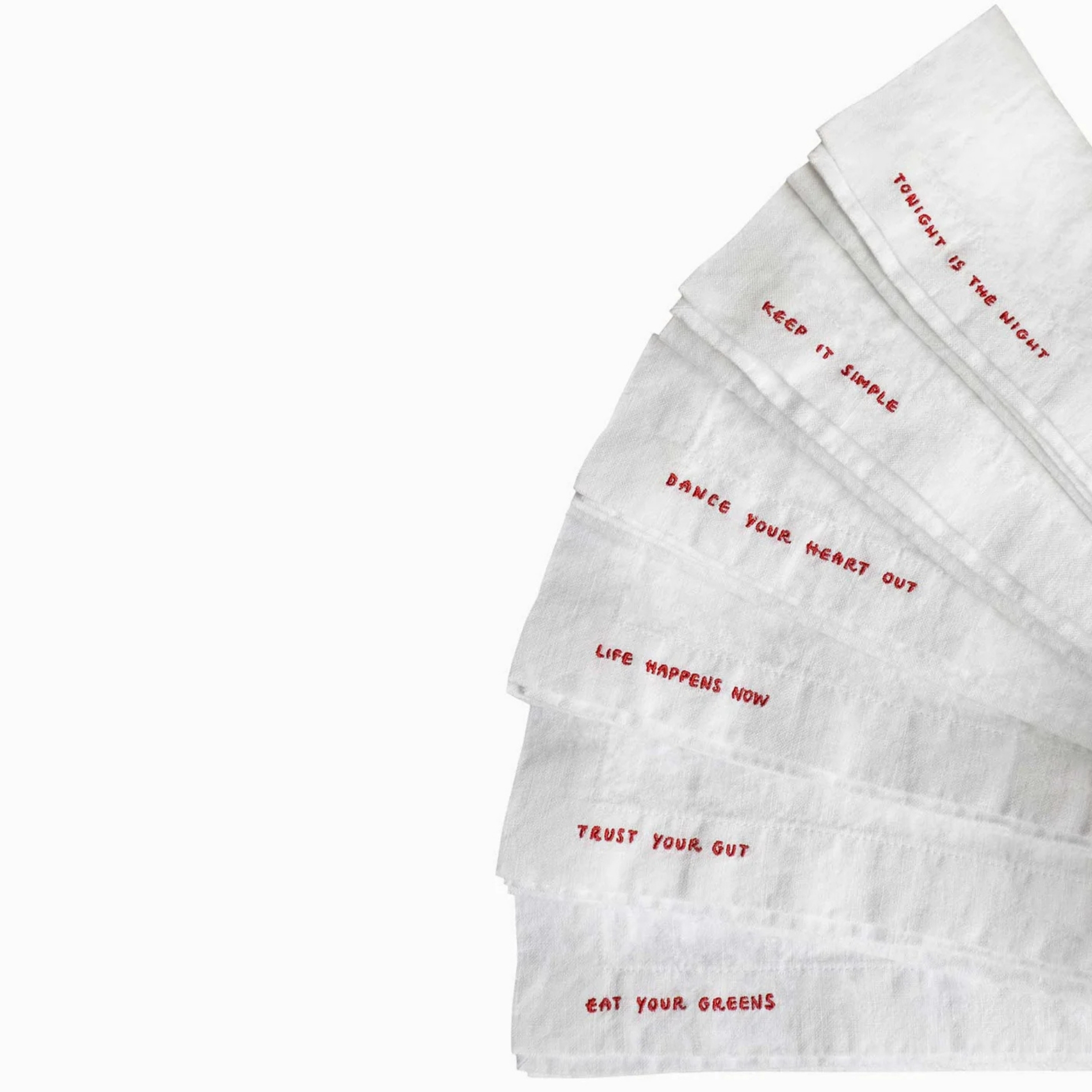 hand embroidered linen Gratitude Napkins pictured a set of six on a white background