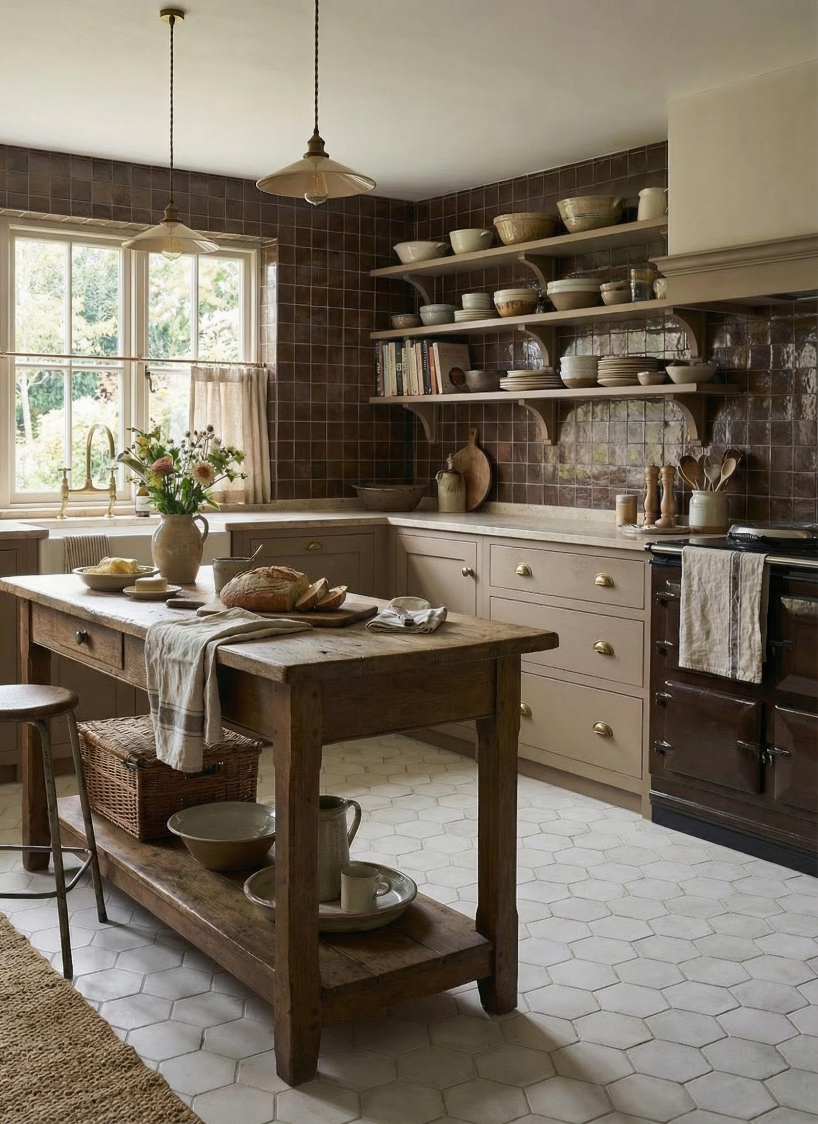 A country kitchen with white hexagonal floor tiles, a wooden butchers block, dark tiles on the walls and beige cabinetry