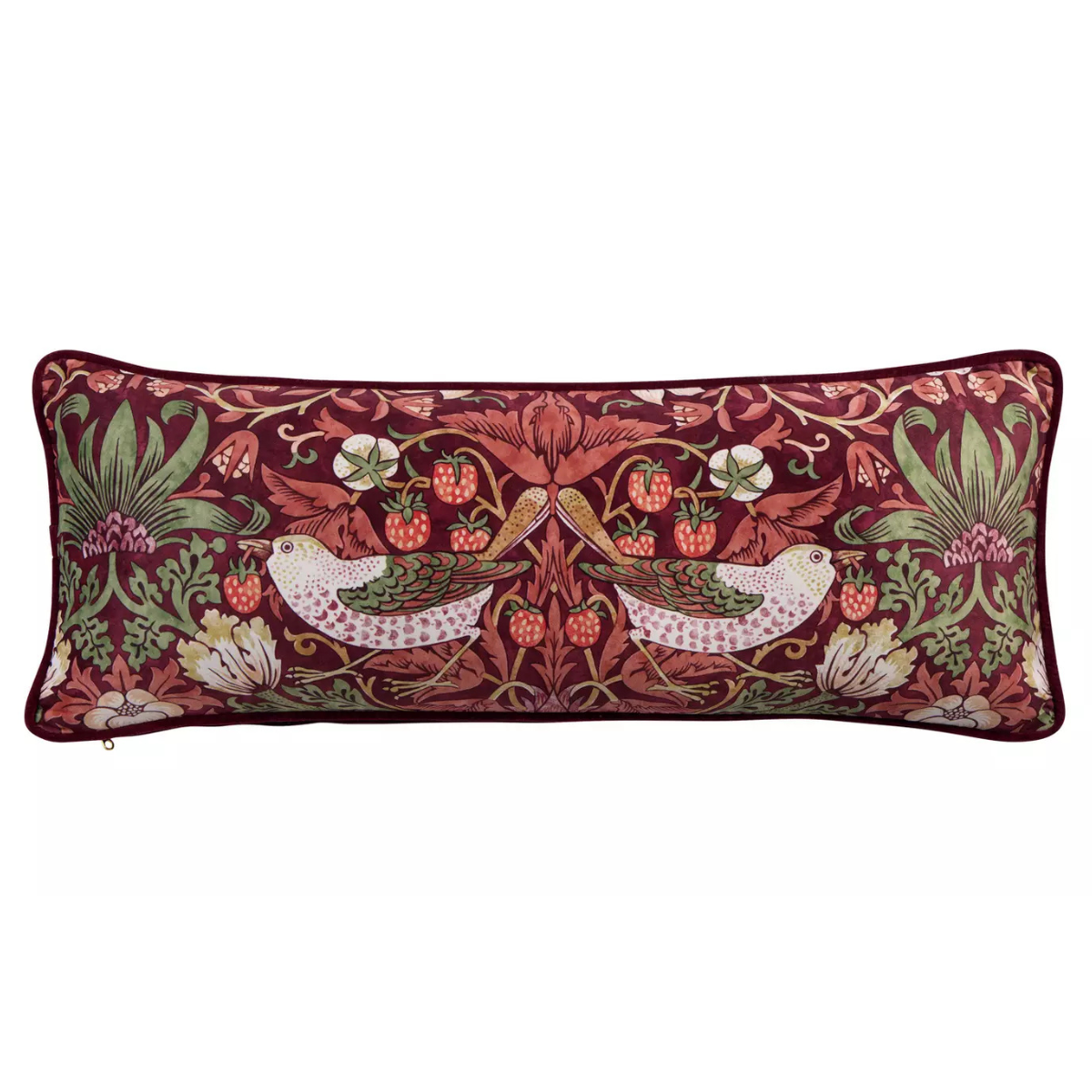 a rectangle dark red cushion with botanical and bird william morris print