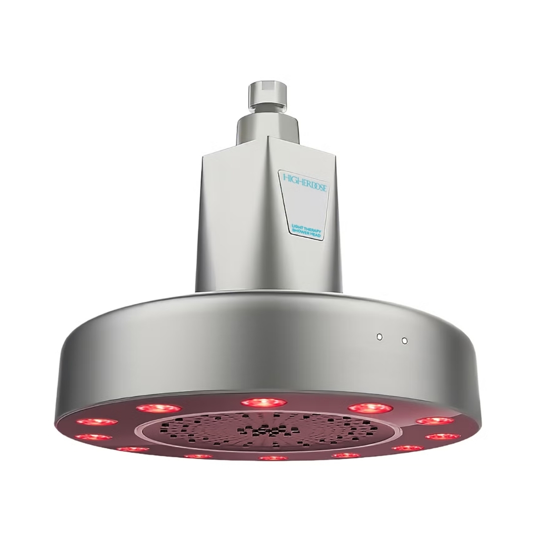 HigherDOSE Red Light therapy Shower Filter pictured in Polished Chrome on a white background