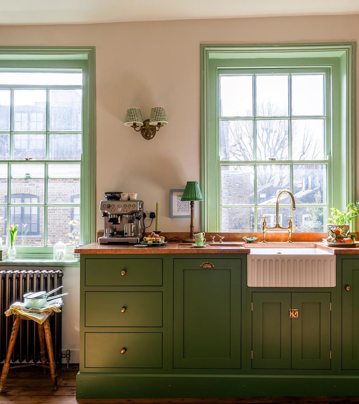 devol green kitchen with lamps