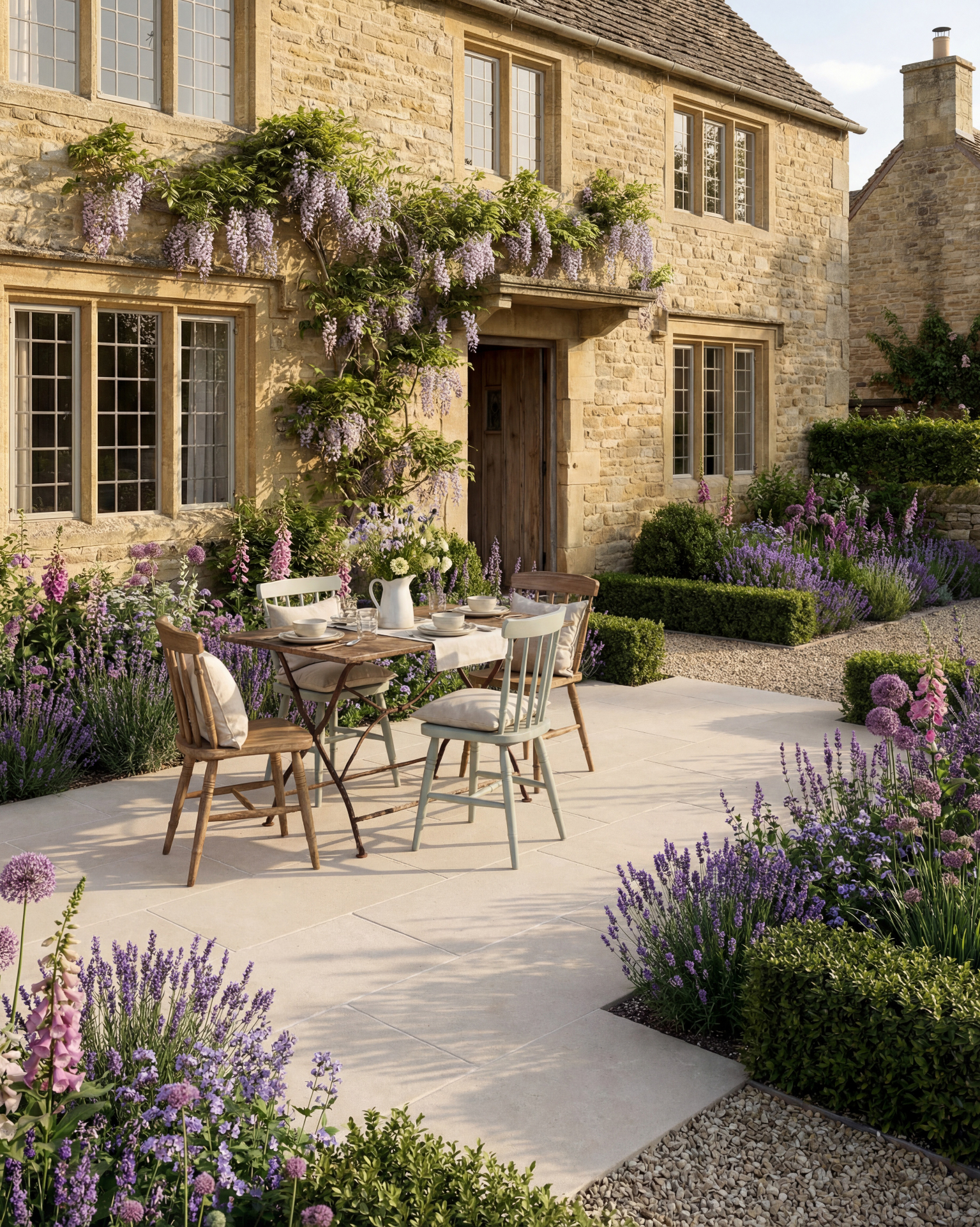 a stone house covered in wisteria with a large patioo outside with a 4 seat dining table and chairs