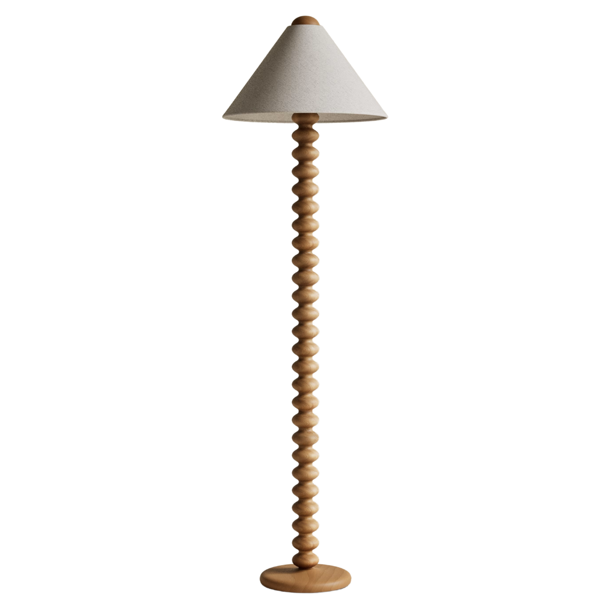 A tall wooden bobbin floor lamp with a cream shade