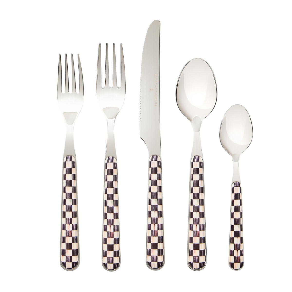 set of 5 cutlery with black and white checkerboard handles