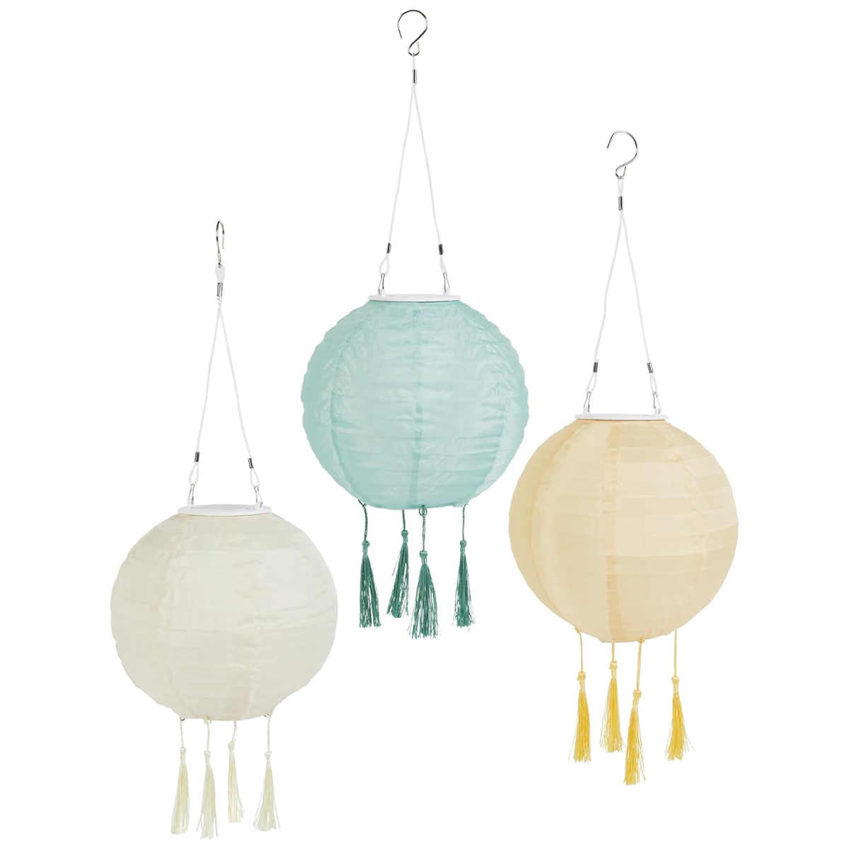 set of three outdoor solar paper lanterns in white blue and yellow