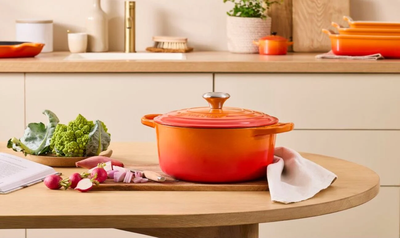 Le Creuset volcanic casserole dish in a kitchen