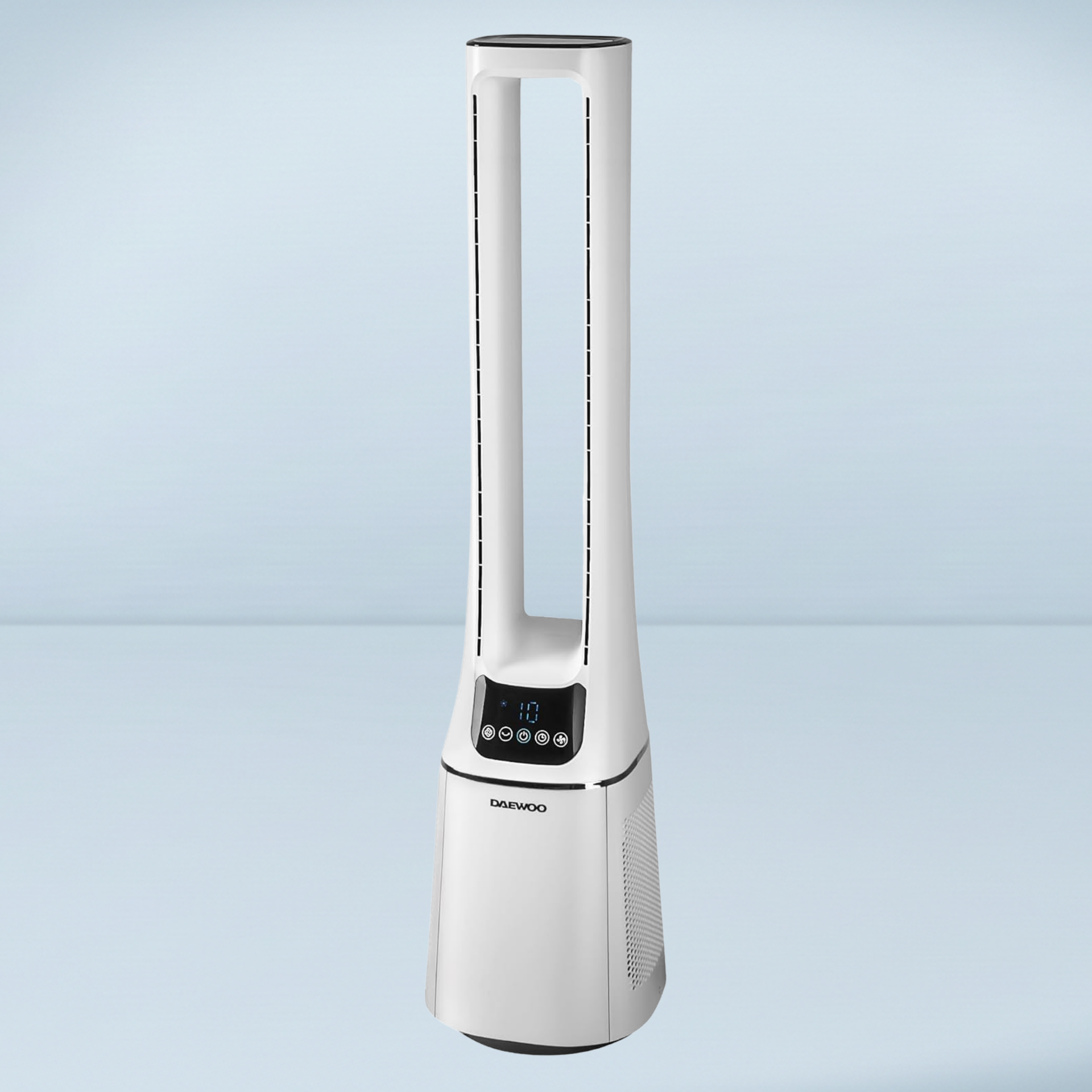 a white bladeless fan with black controls
