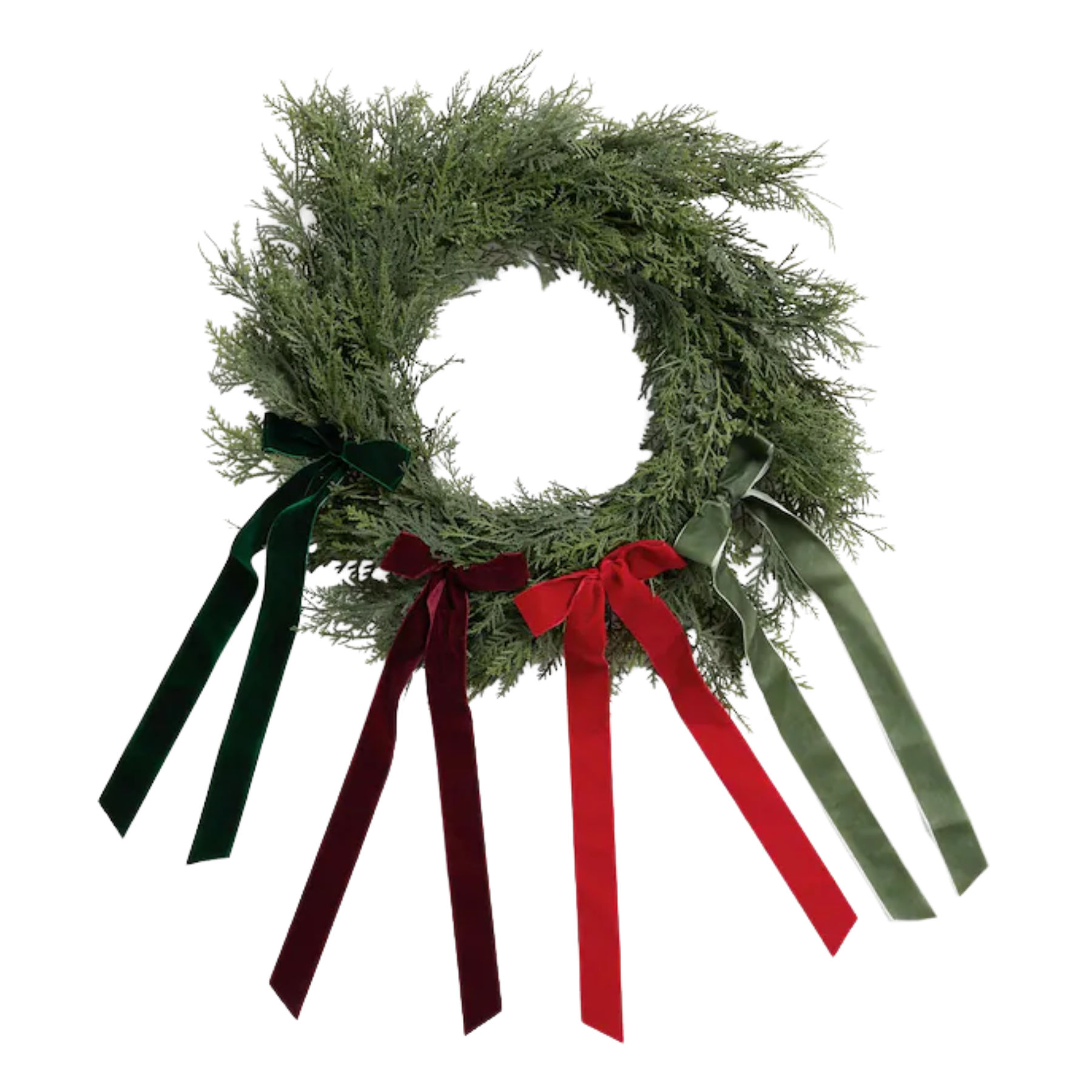 a green wreath with green and red bows