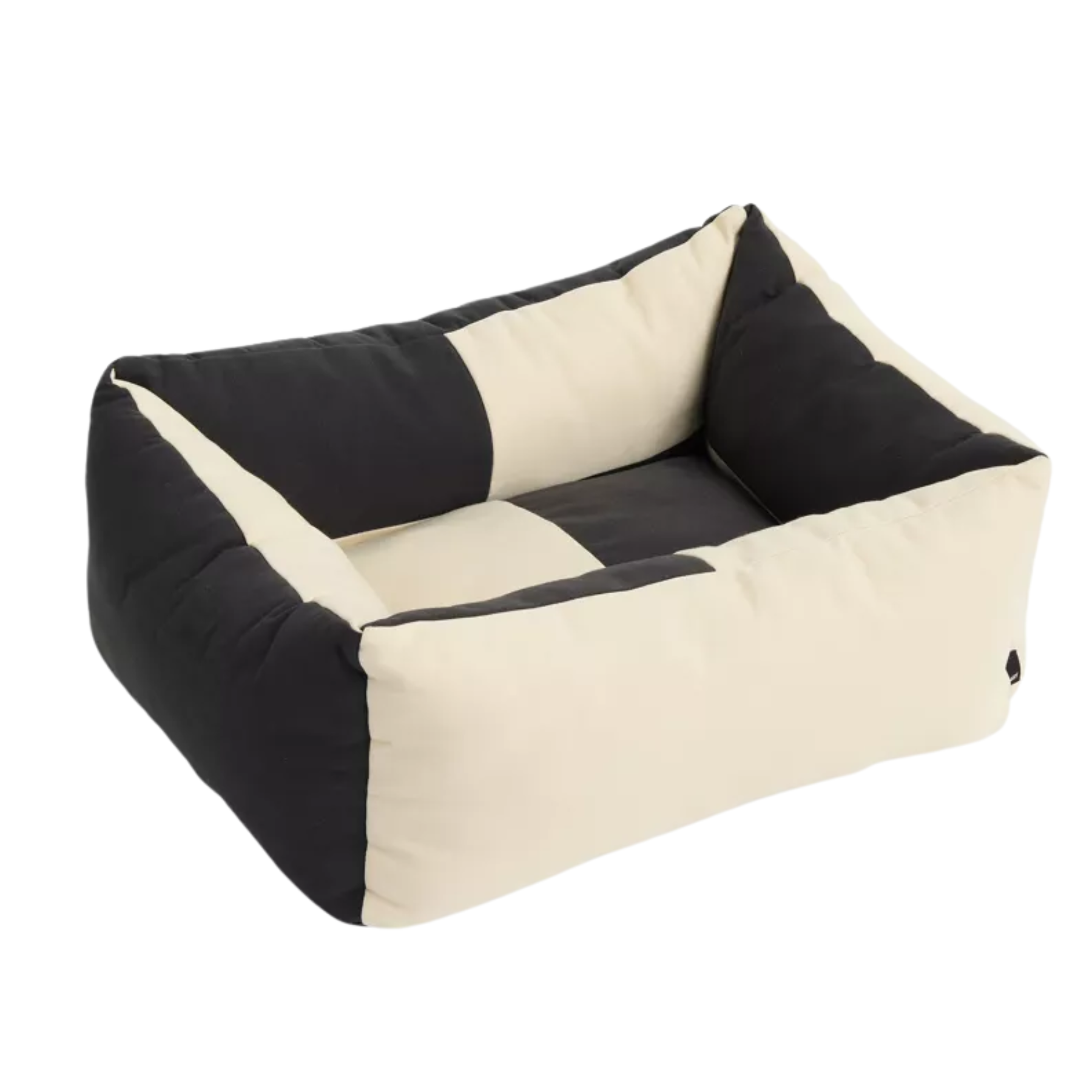 black and white block print dog bed
