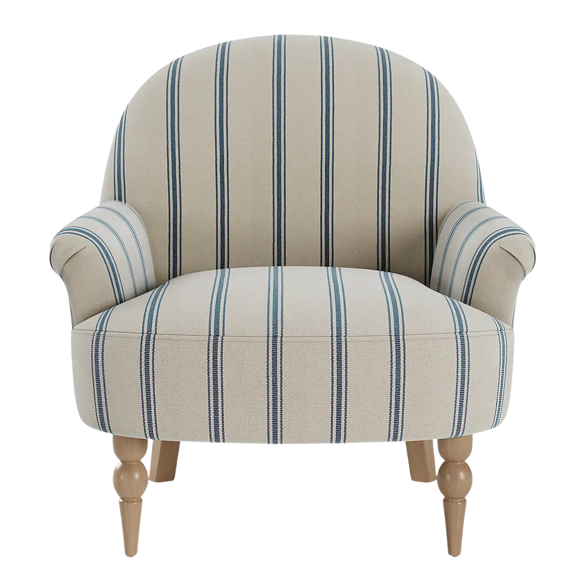 a cream armchair with blue stripes