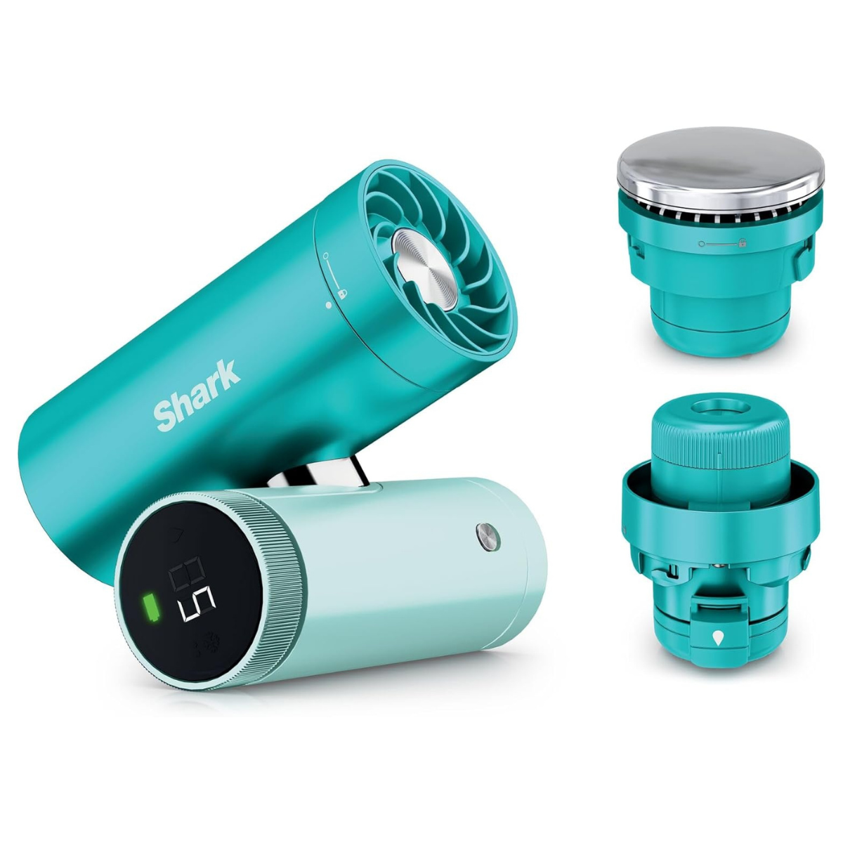 a blue shark hand held fan