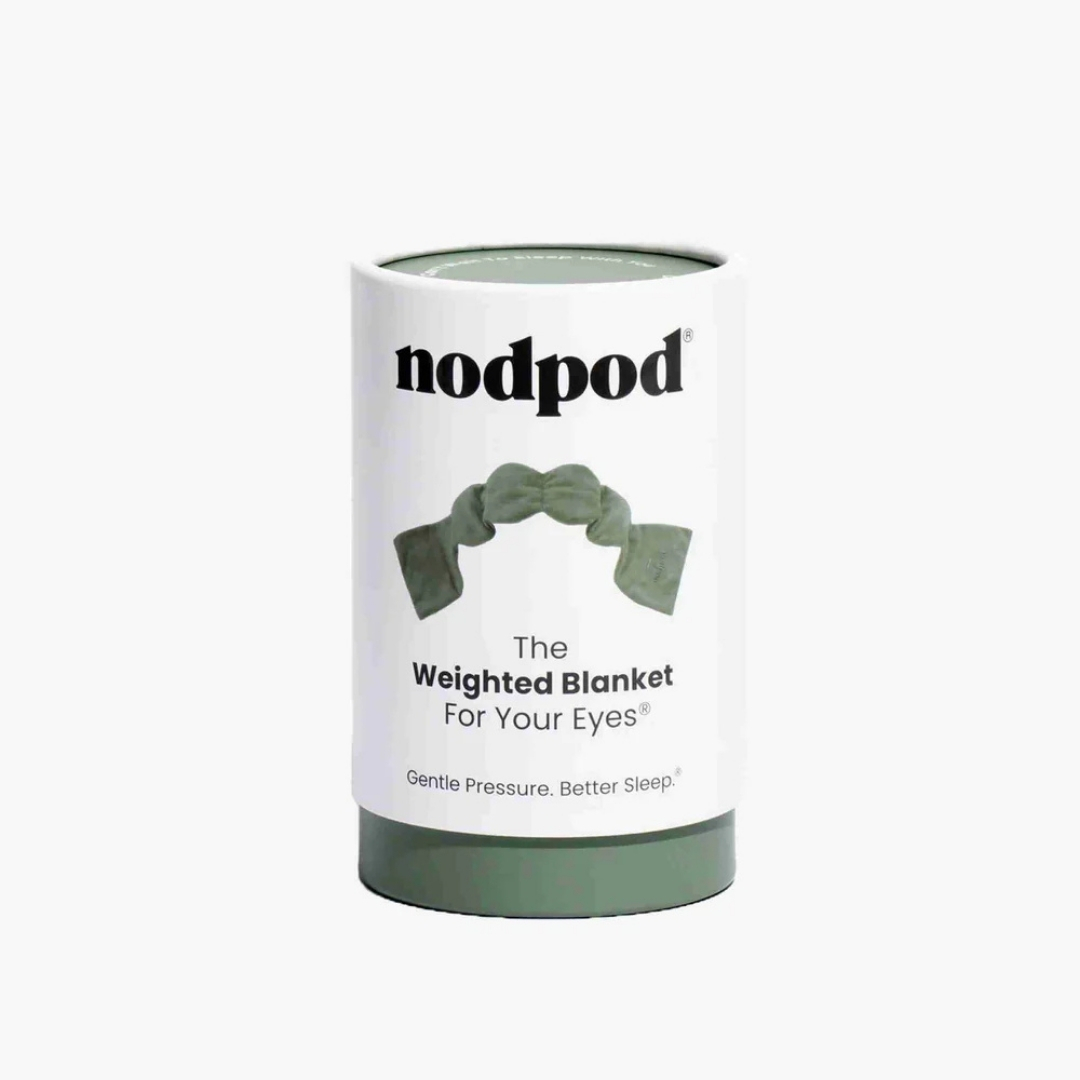 nodpod Weighted Sleep Mask pictured in grey in its box on a white background