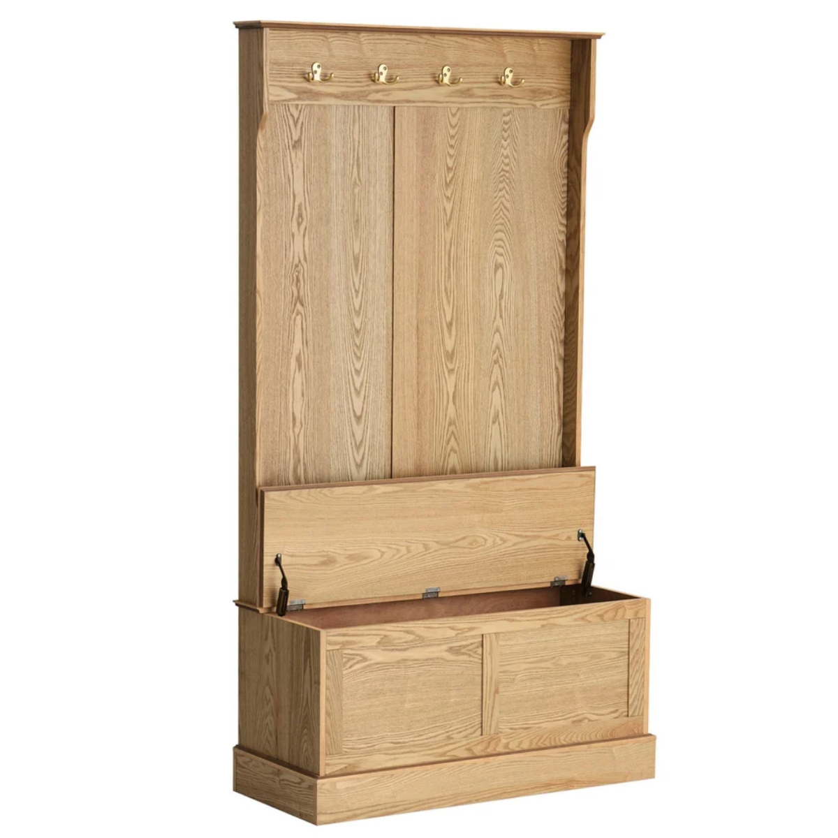 a wooden hallway storage unit