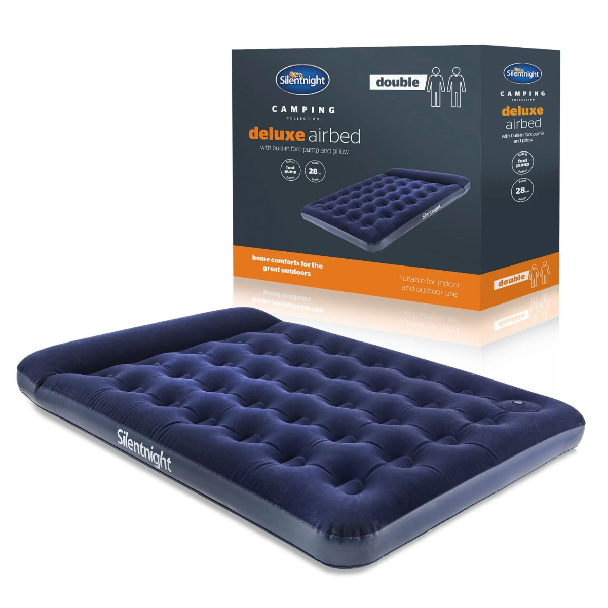 a navy blue double air bed with box