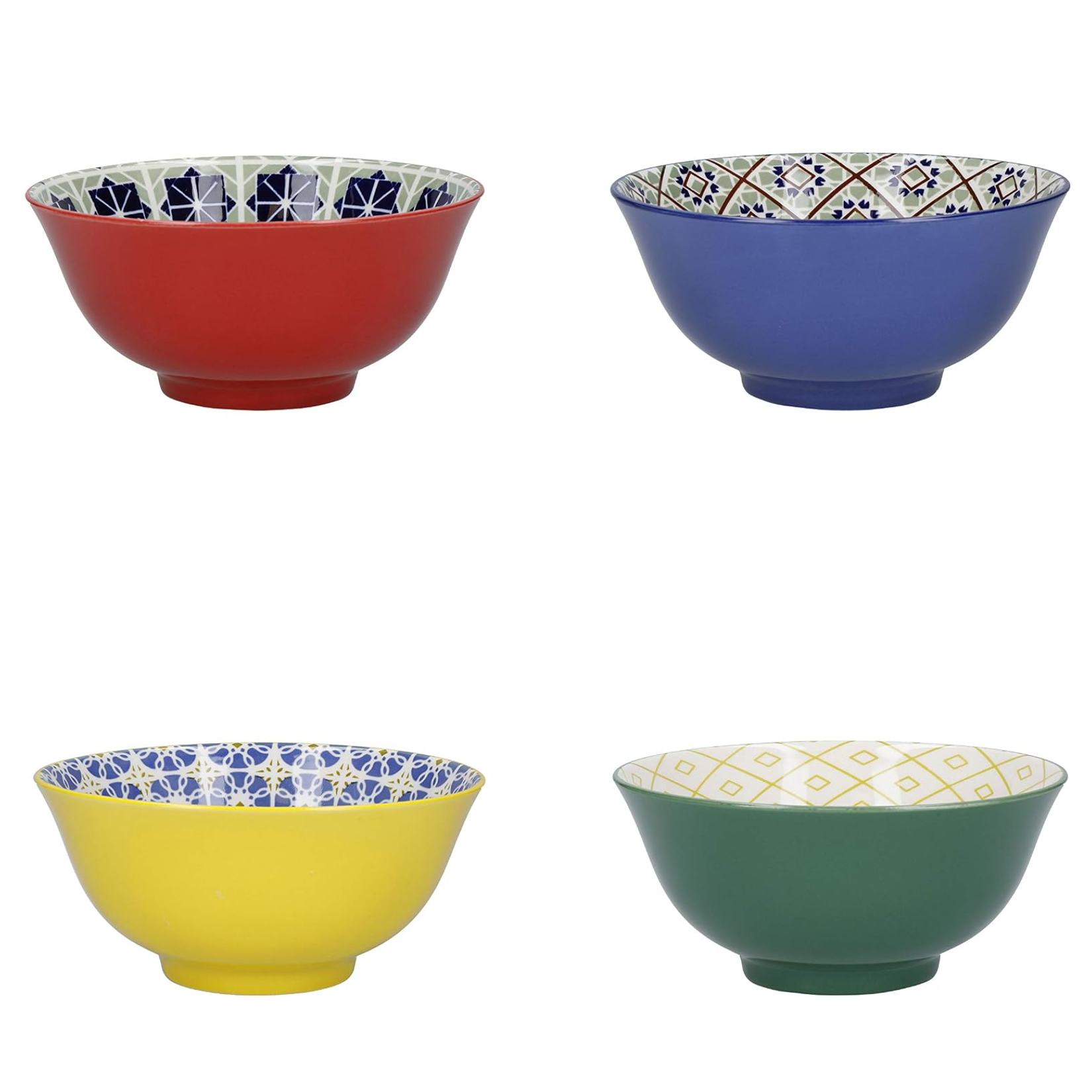 a set of 4 multicoloured cereal bowls with patterned interiors