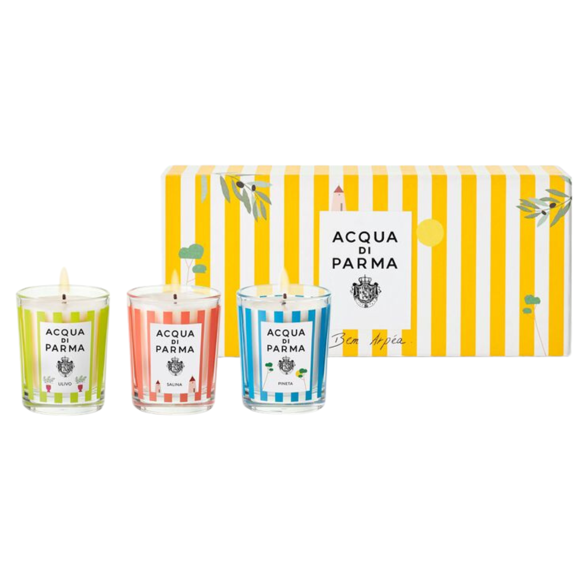 a trio of colourful striped mini candles with a yellow and white striped box