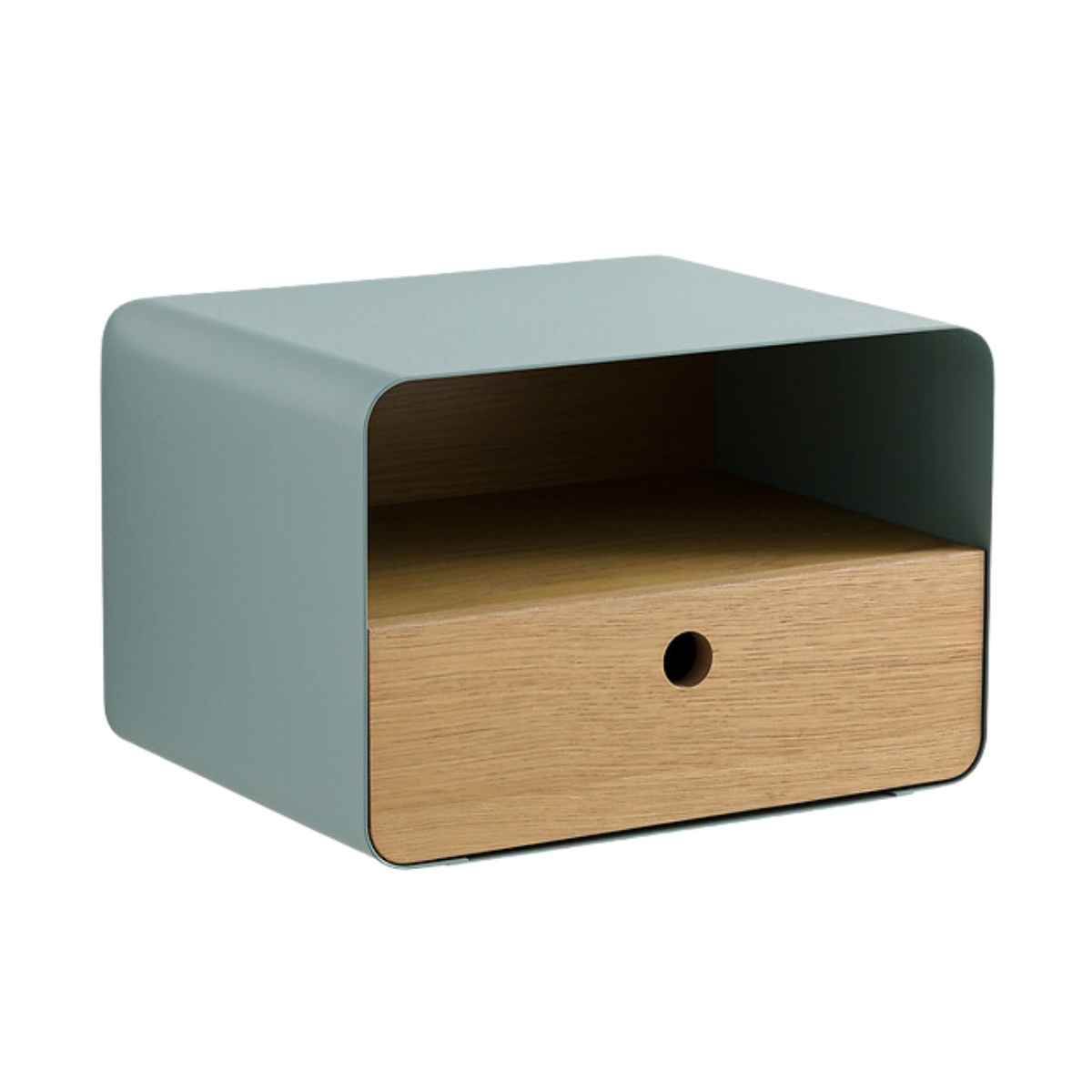 a sage green and wood floating bedside table