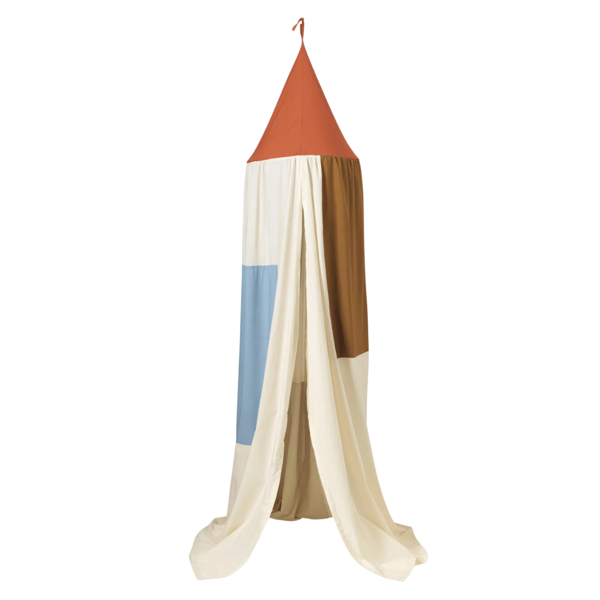 a cream bed canopy with red, brown and blue patches