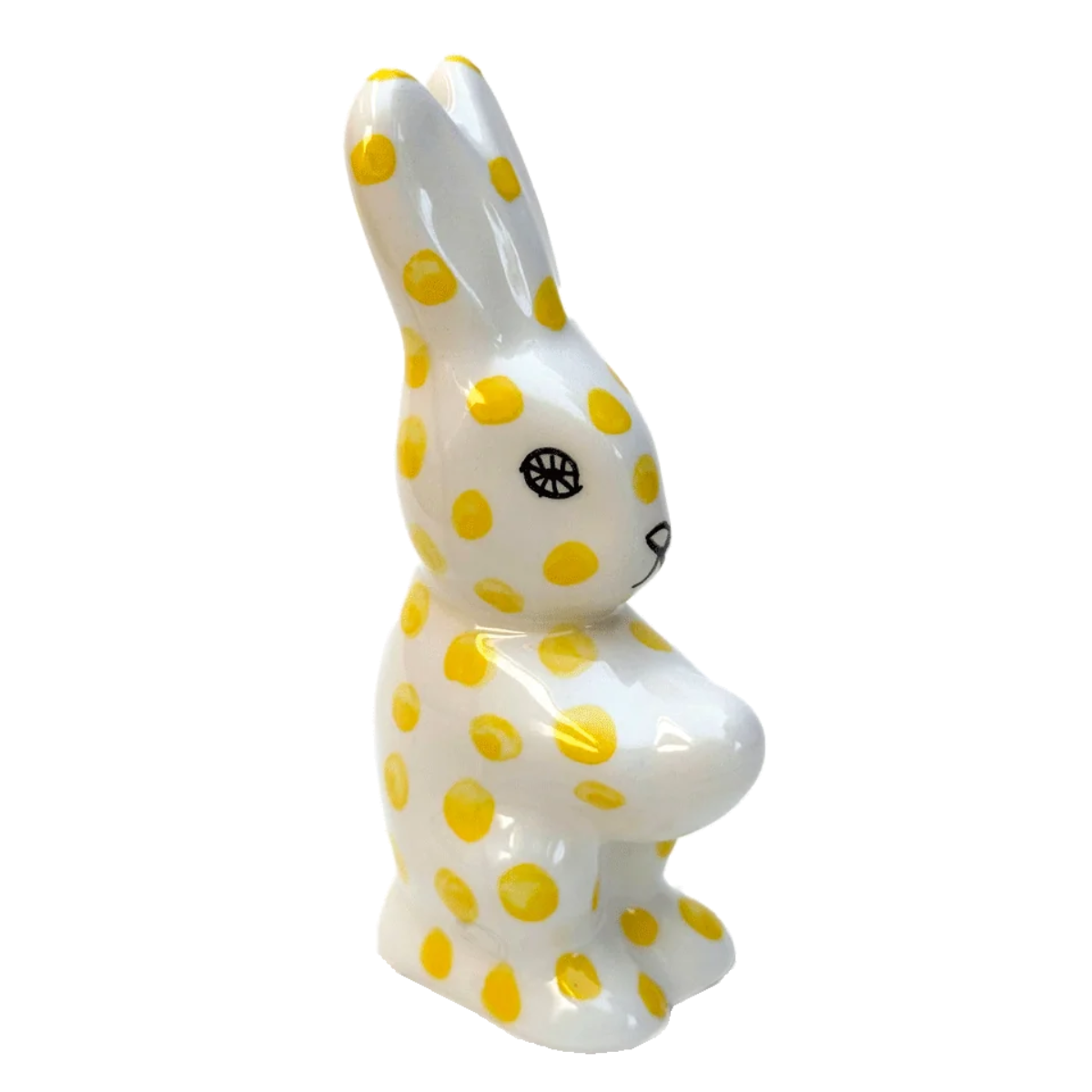 a white and yellow polka dot bunny ornament