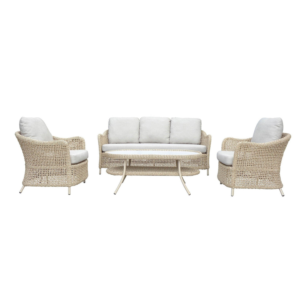 a beige rattan outdoor lounge set with two armchairs, a sofa and a coffee table