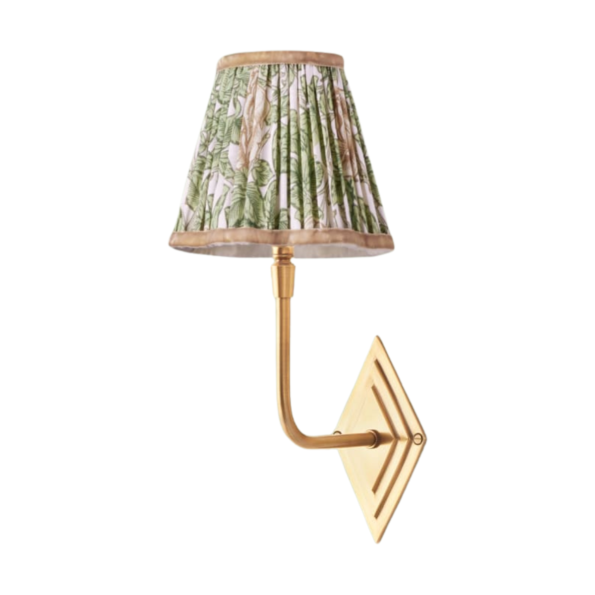 a brass wall light with a green and pink floral lamp shade
