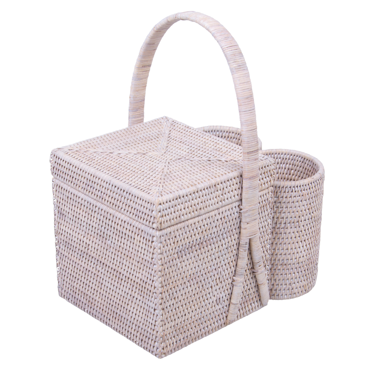 a pale rattan picnic basket with a lid and two wine holders