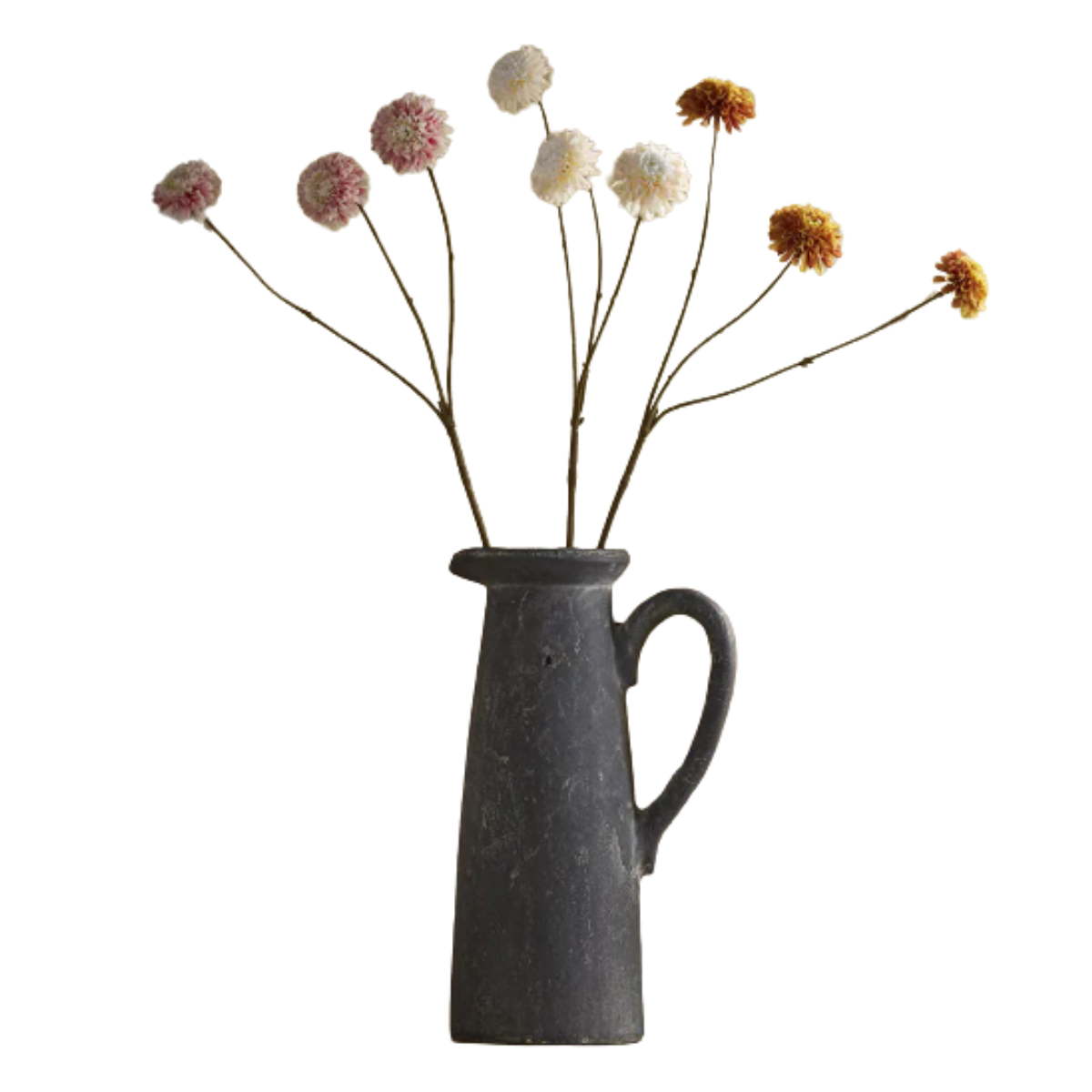Faux Miniature Dahlia Spray in a dark grey vase with handles