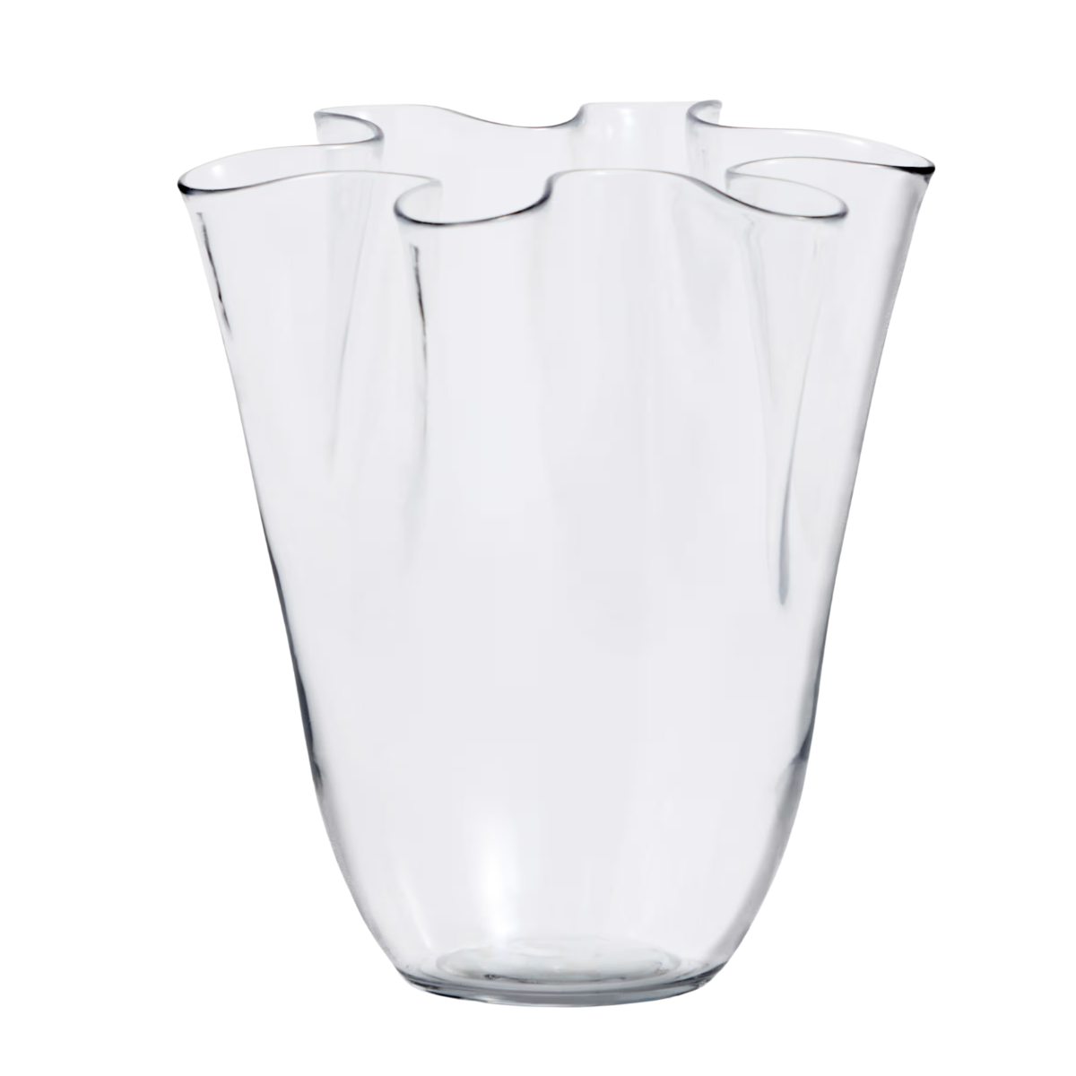 a large clear glass vase with a wavy edge
