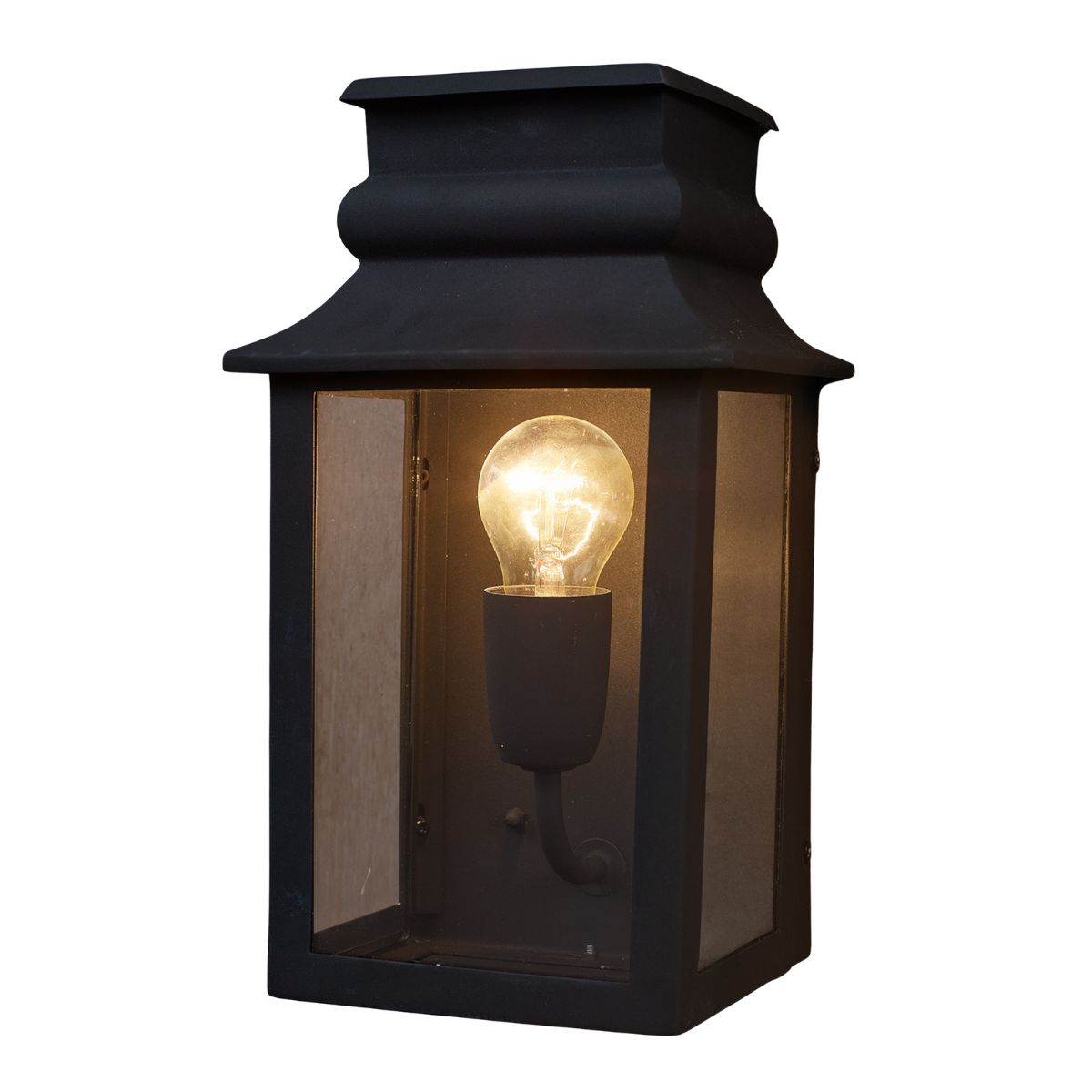 a black metal and glass outdoor wall lantern