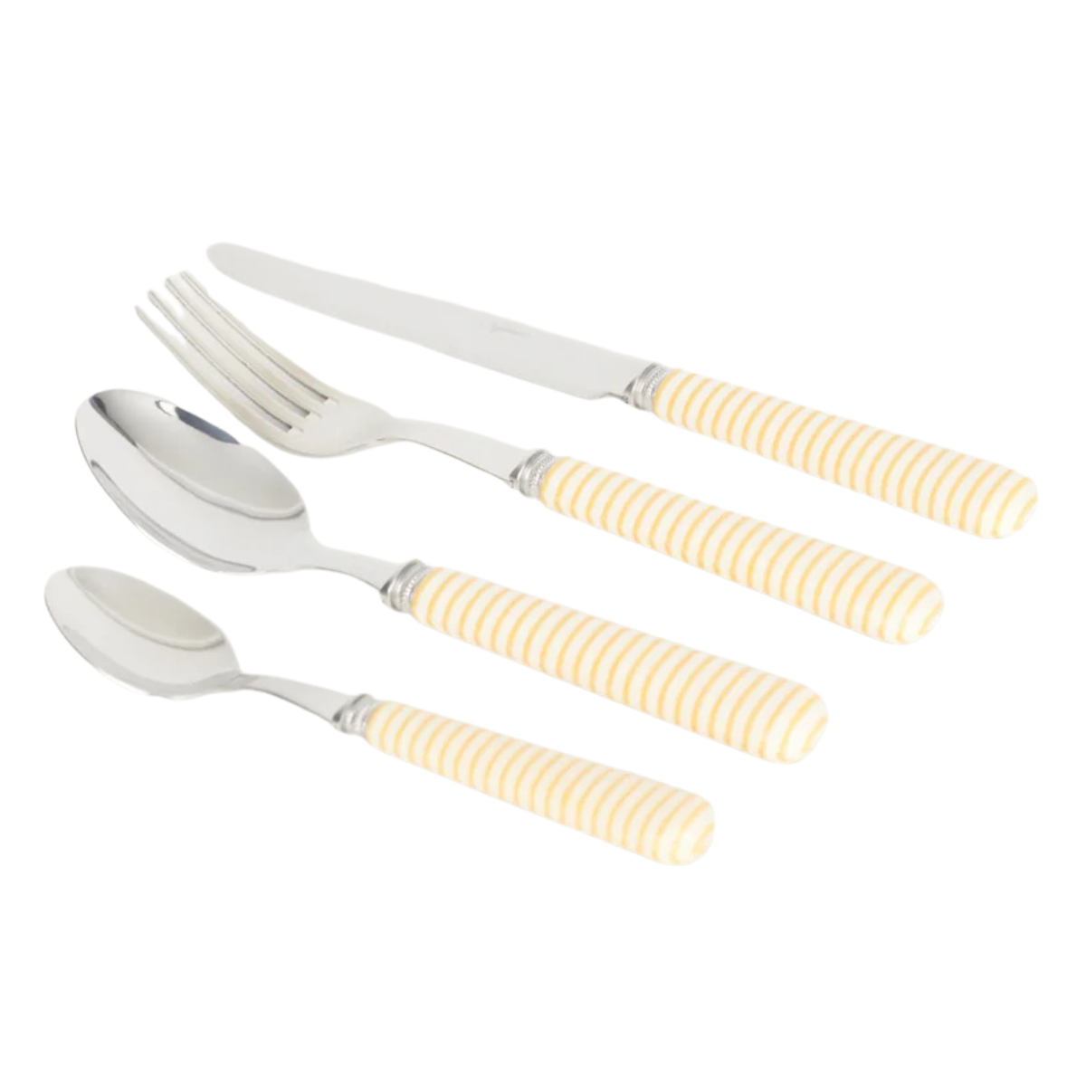 set of 4 cutlery with white and yellow striped handles