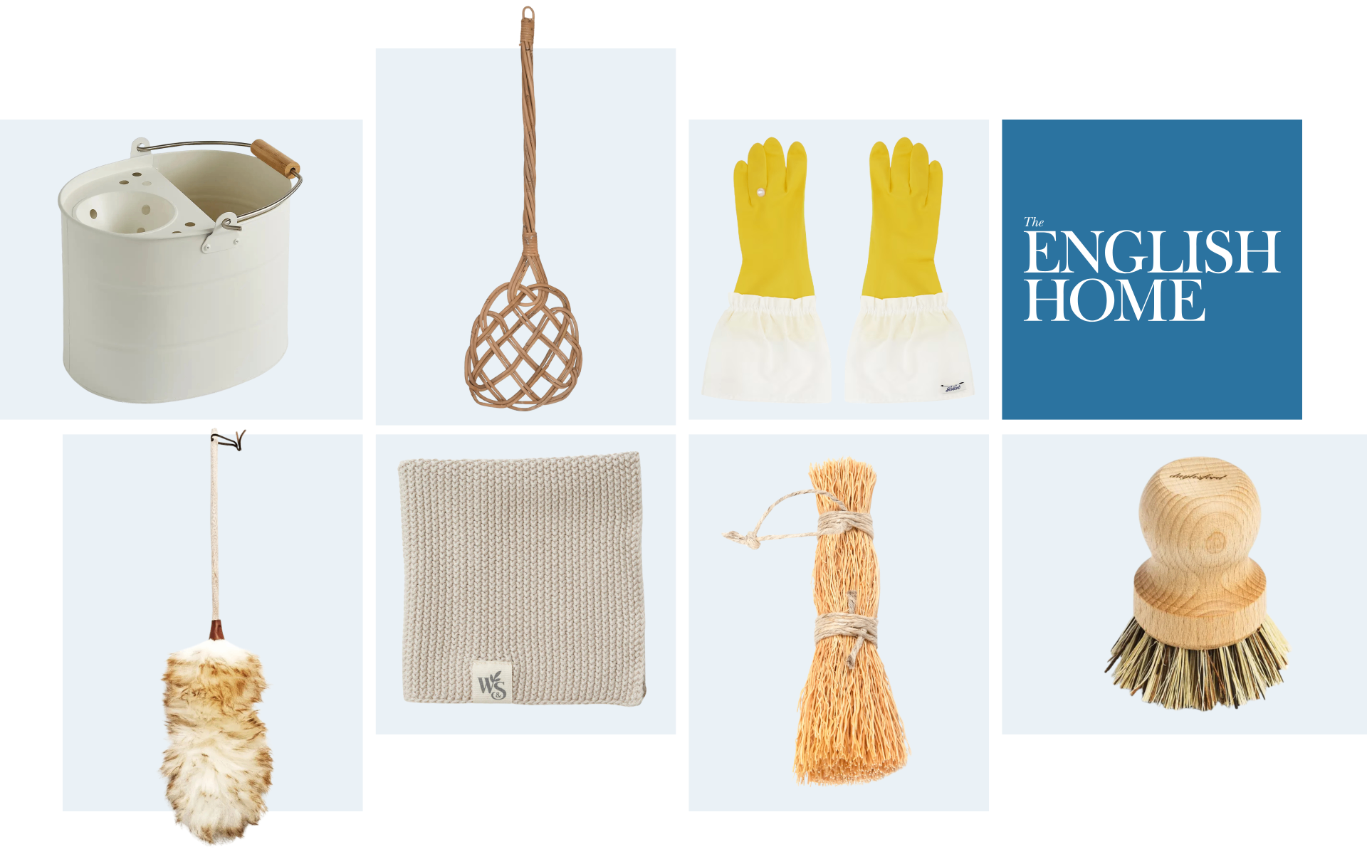 a collage of traditional cleaning products with the english home logo