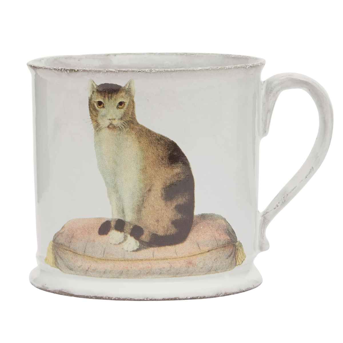 a white mug with a brown handpainted cat