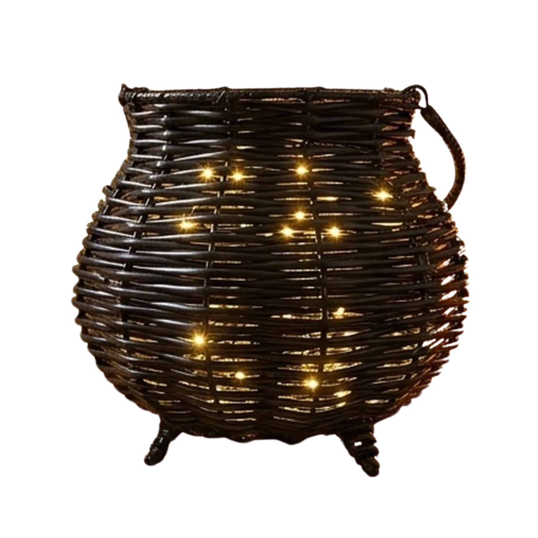 a black wicker cauldron decoration with LED lights