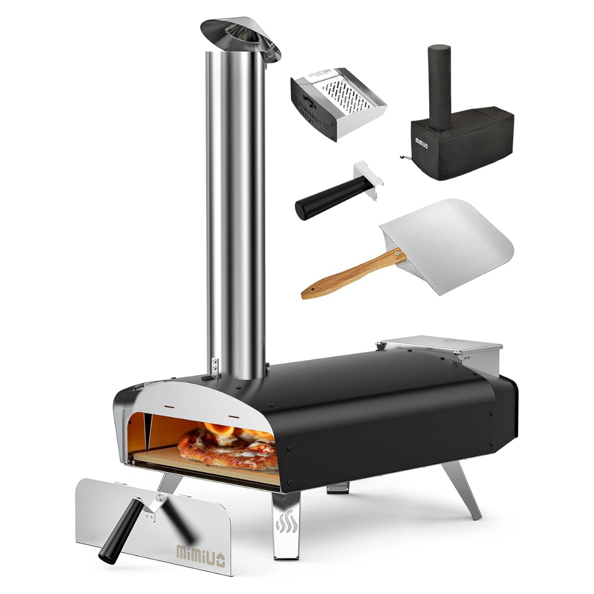 a black and silver pizza oven with tools