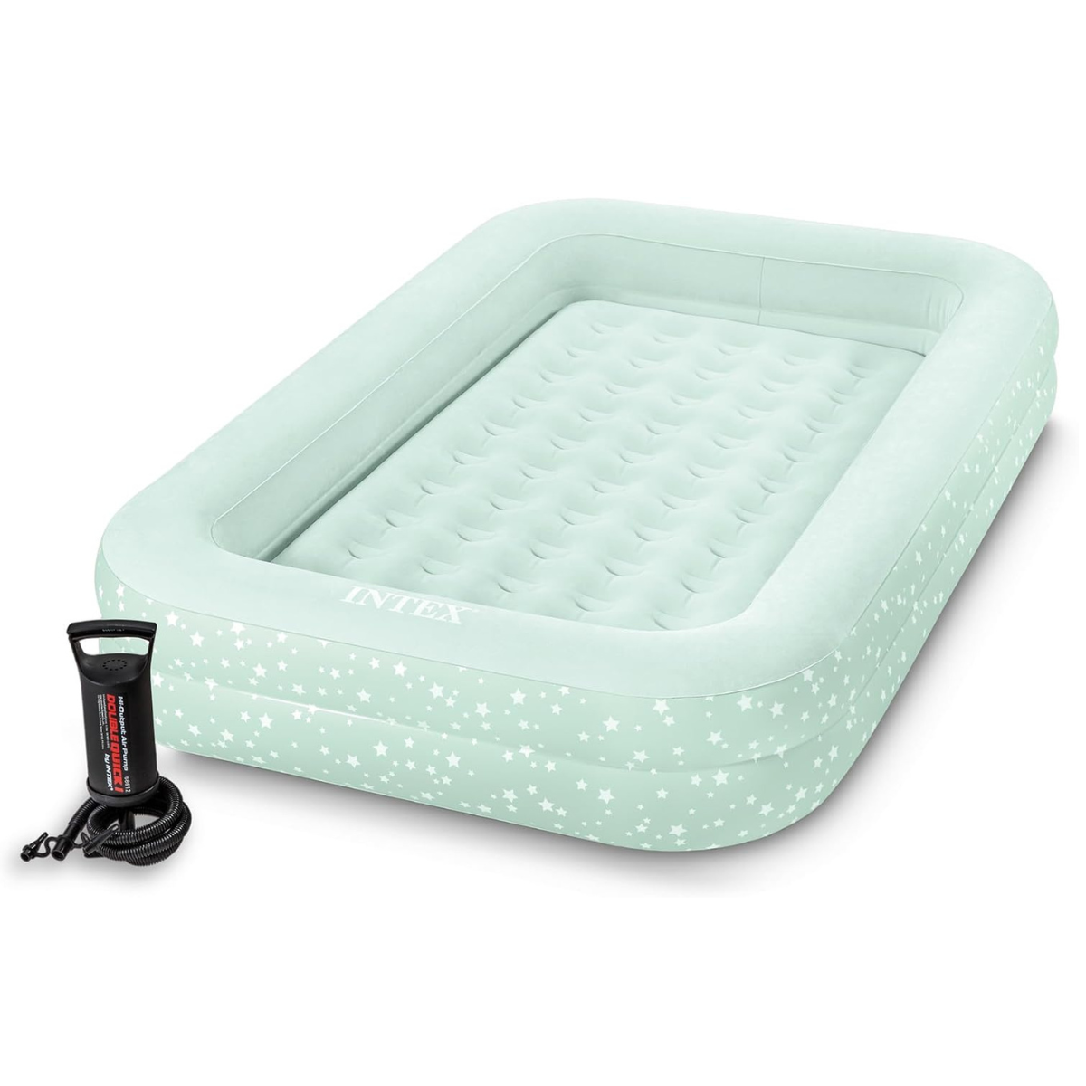 a mint green childrens air bed with white stars and a pump