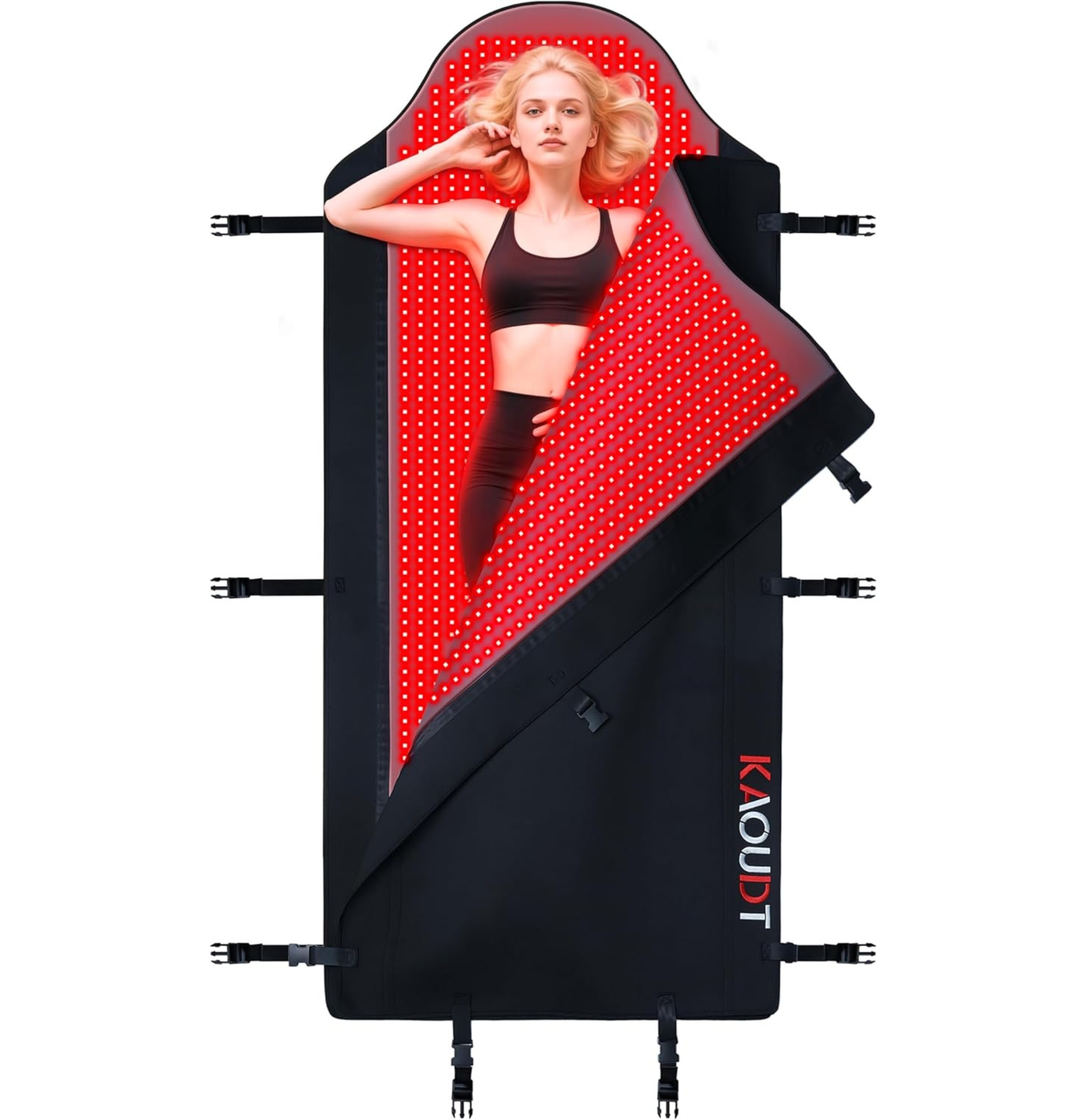red Light Therapy Mat for Full Body Pain Relief pictured on a white background with a woman lying inside it