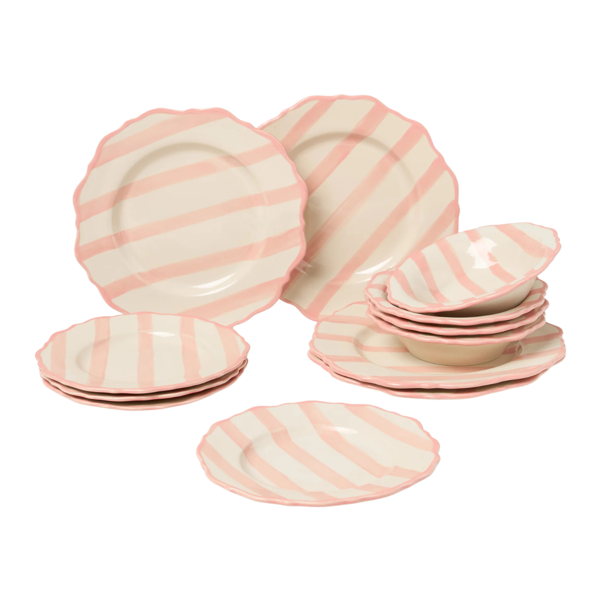 a cream and pale pink stripe dinner set with scalloped rim