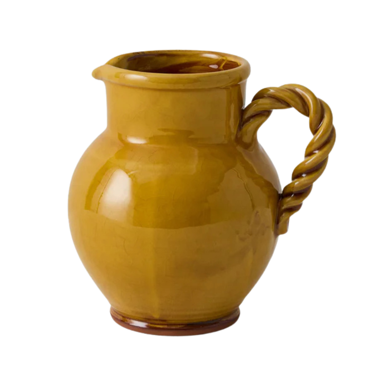 a mustard yellow ceramic pitcher vase with a twisted handle