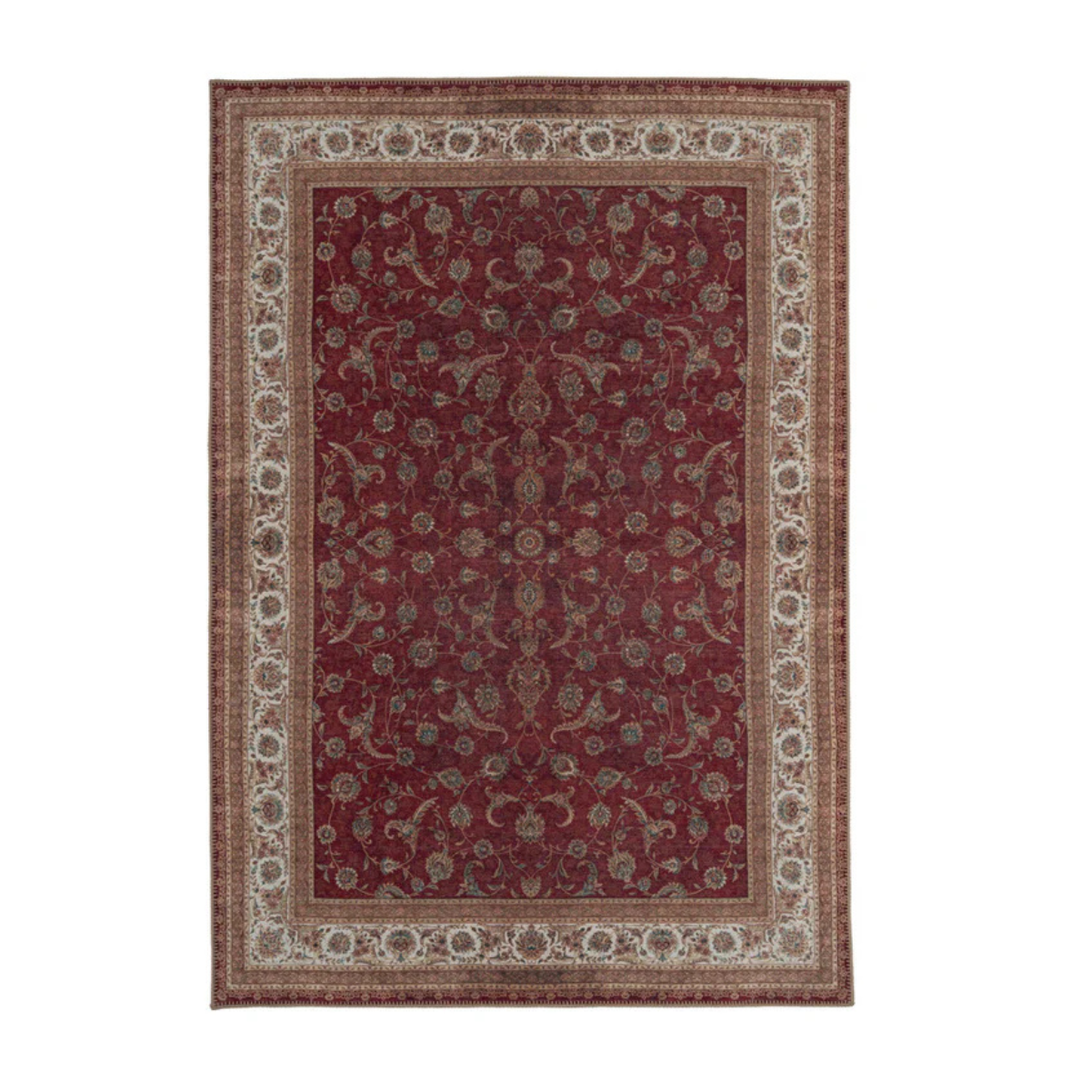 a deep red and beige persian style rug