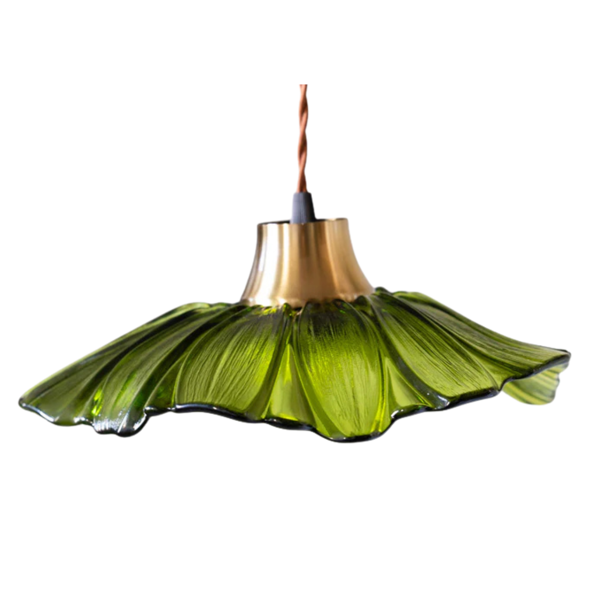 a green glass pendant light in the shape of a flower