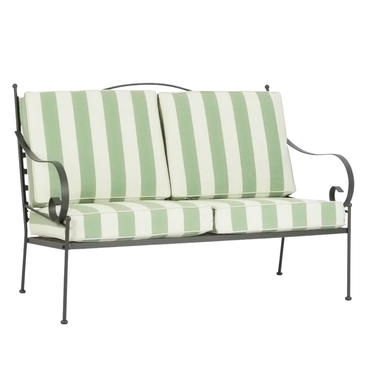 a black metal garden sofa with white and green stripe cushions