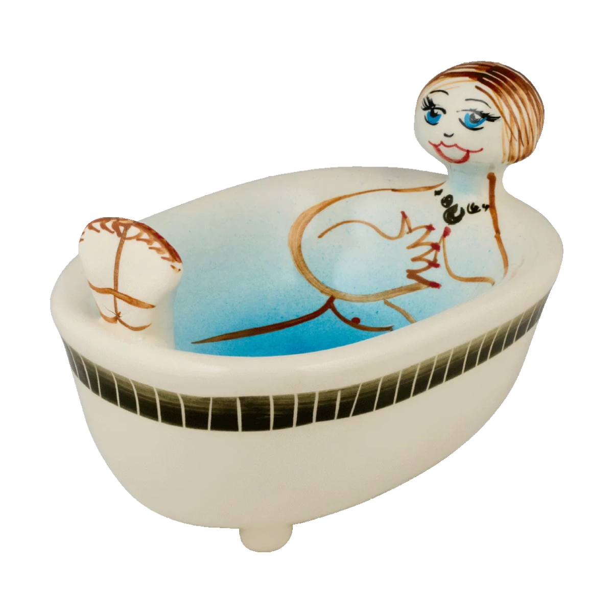 a stoneware soap dish in the shape of a woman in a bathtub