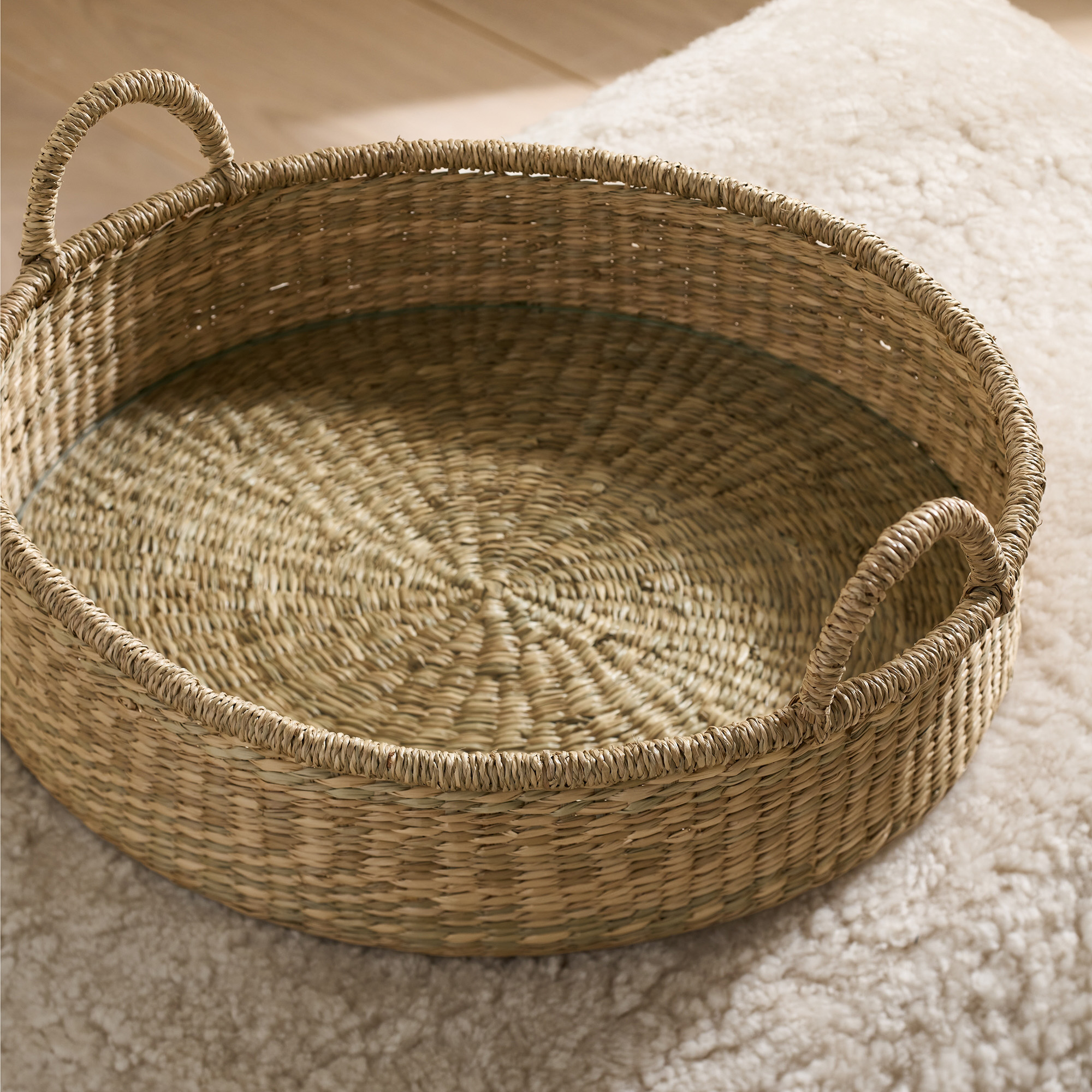 The White Company Round Seagrass Tray with Glass Base