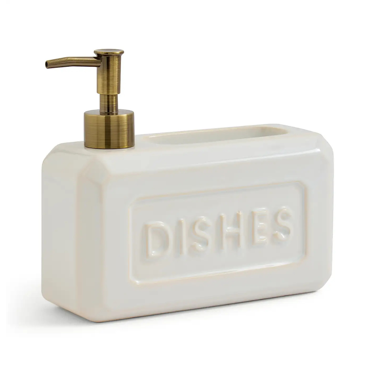 a cream ceramic dish soap dispenser with a sponge holder