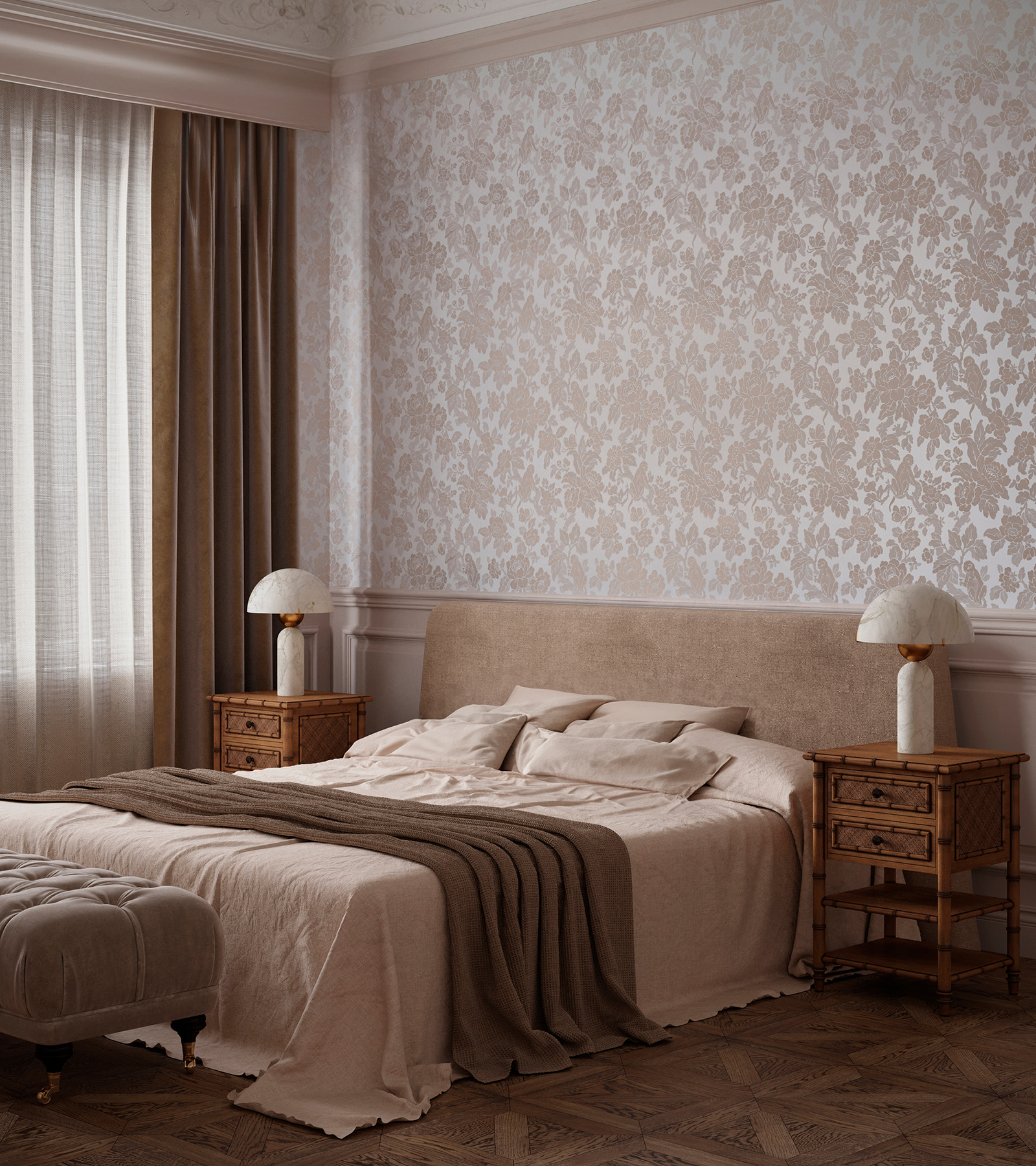 a bedroom with a double bed, two bedside tables with lamps and a pink and white wallpaper DRUNKEN MONKEY by divine savages on the wall
