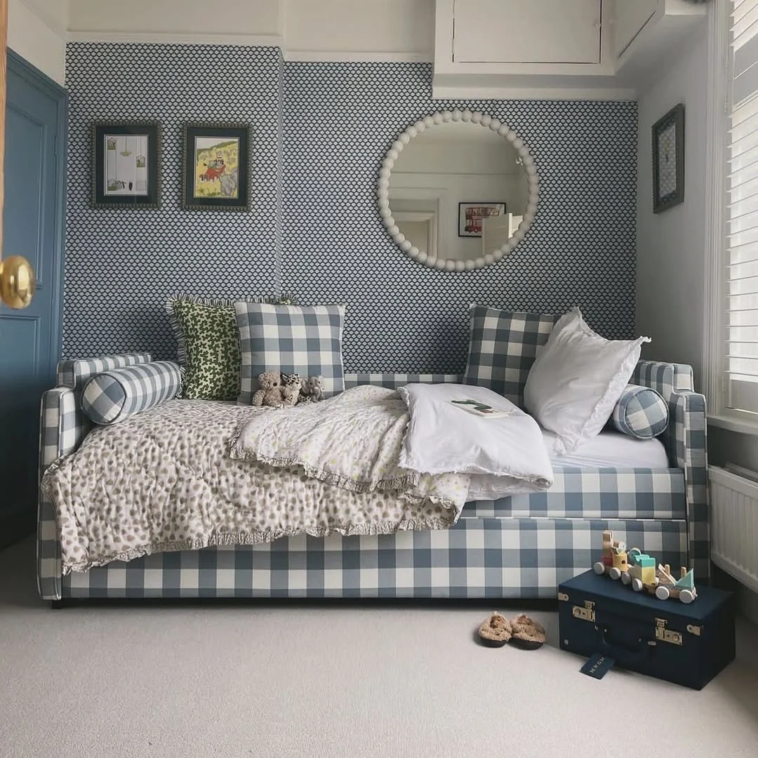 blue and white gingham bed