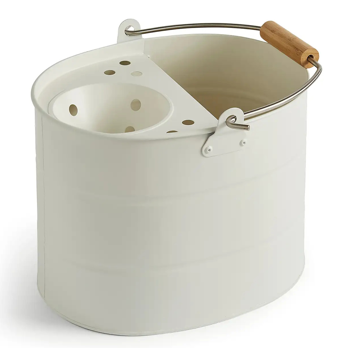 a cream metal mop bucket