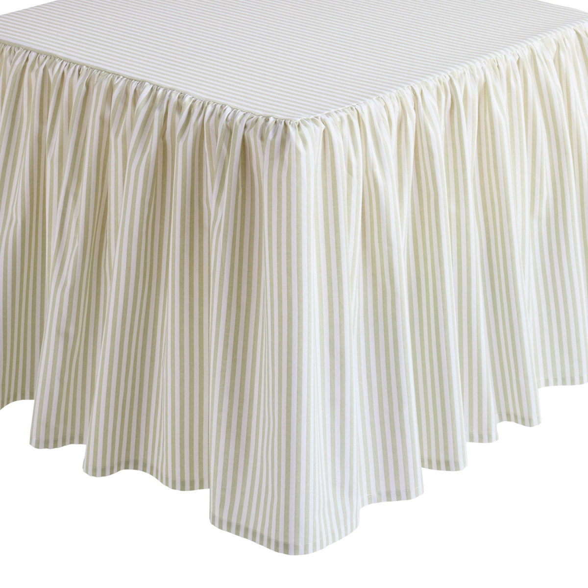 A WHITE and green stripe frill bed valance