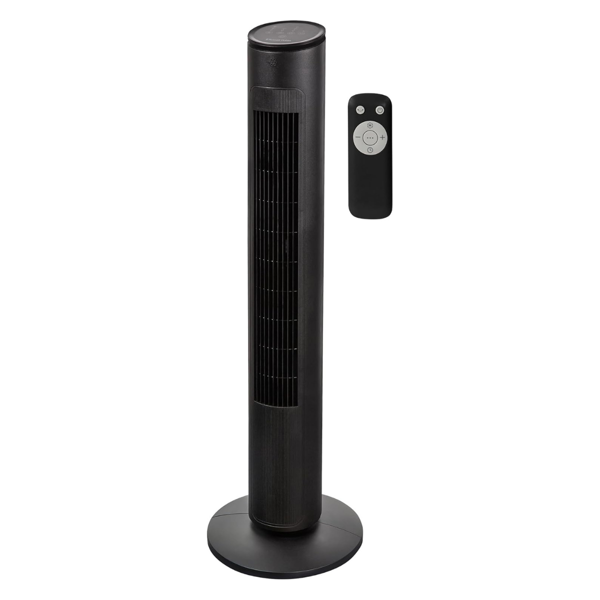 a black tower fan with remote control